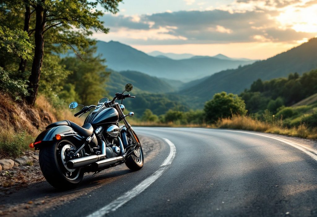 Moto sur une route de montagne au coucher du soleil